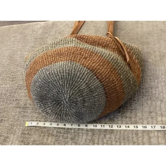 Vtg Woven Jute Leather Strap Straw Sisal Market Round Tote Shoulder Bag Purse - Picture 9 of 12